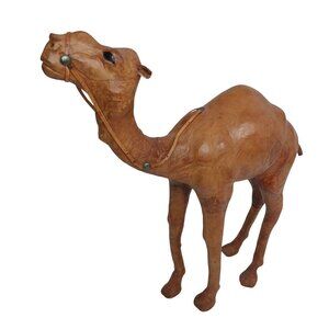 Handcrafted Leather Camel Statue Figure with Glass Eyes 12" Tall